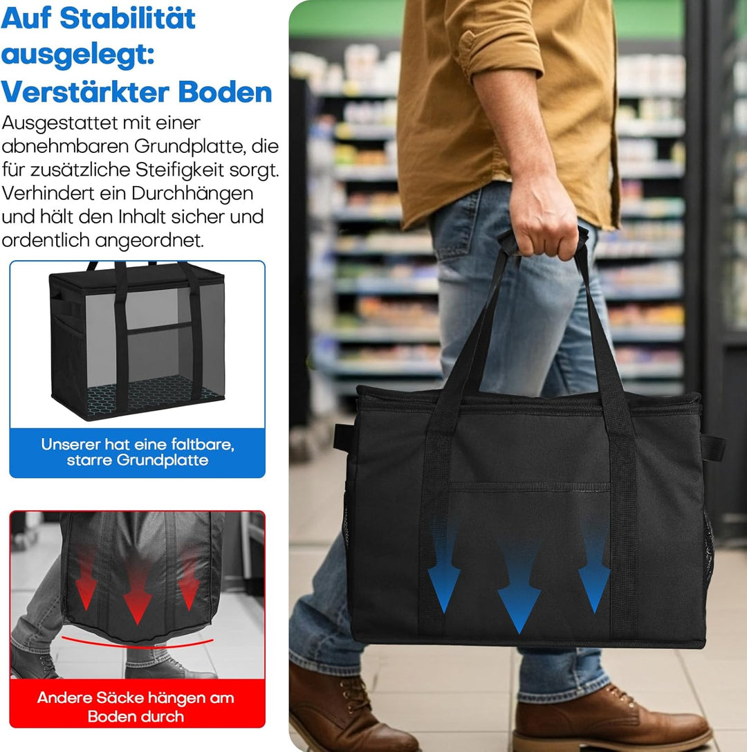 Kühltasche mit verstärktem Boden, 30L Grosse Picknicktasche, Faltbare Langlebige Einkaufstaschen, Se