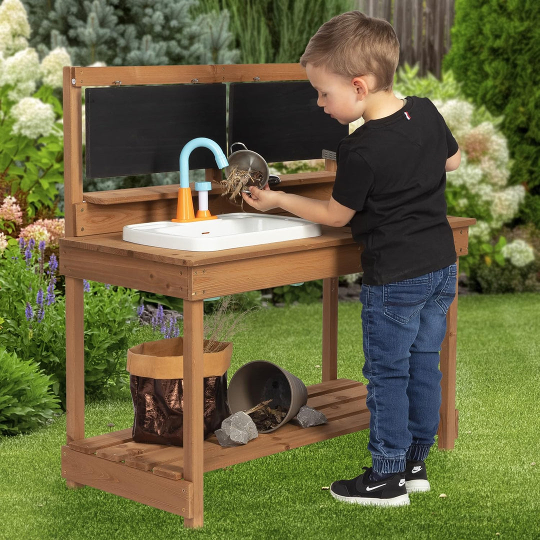 ONVAYA® Matschküche aus Holz | Braun | Outdoor Spielküche mit Waschbecken und schwarzer Tafel | Inkl
