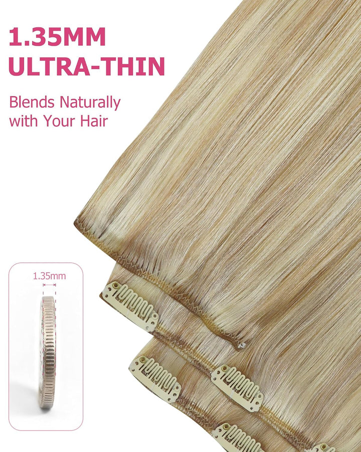YoungSee Echthaar Extensions Clip Blond,Clip in Extensions-Echthaar Goldblond Highlight Hellblond,Cl