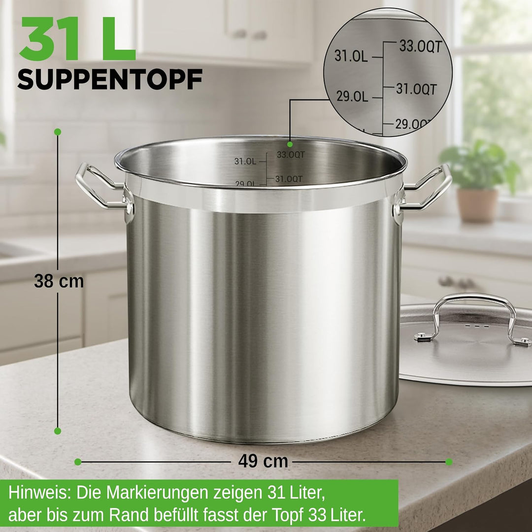 NutriChef Edelstahl Kochtopf 33,1L Induktion – Suppentopf mit Deckel, Profiqualität für Gastronomie