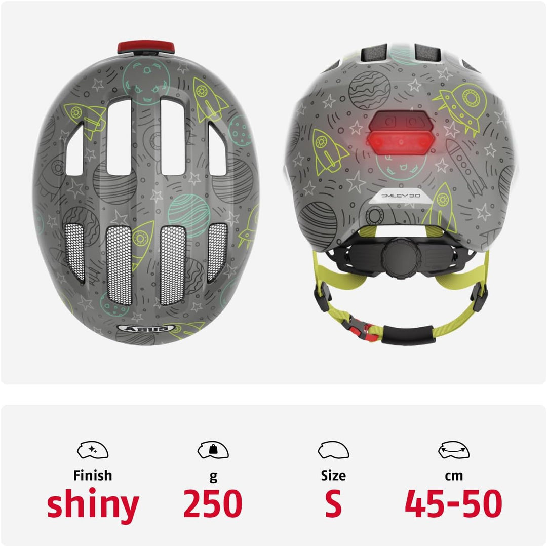 ABUS Kinderhelm Smiley 3.0 LED - Fahrradhelm mit Licht - tiefe Passform & Platz für einen Zopf - für