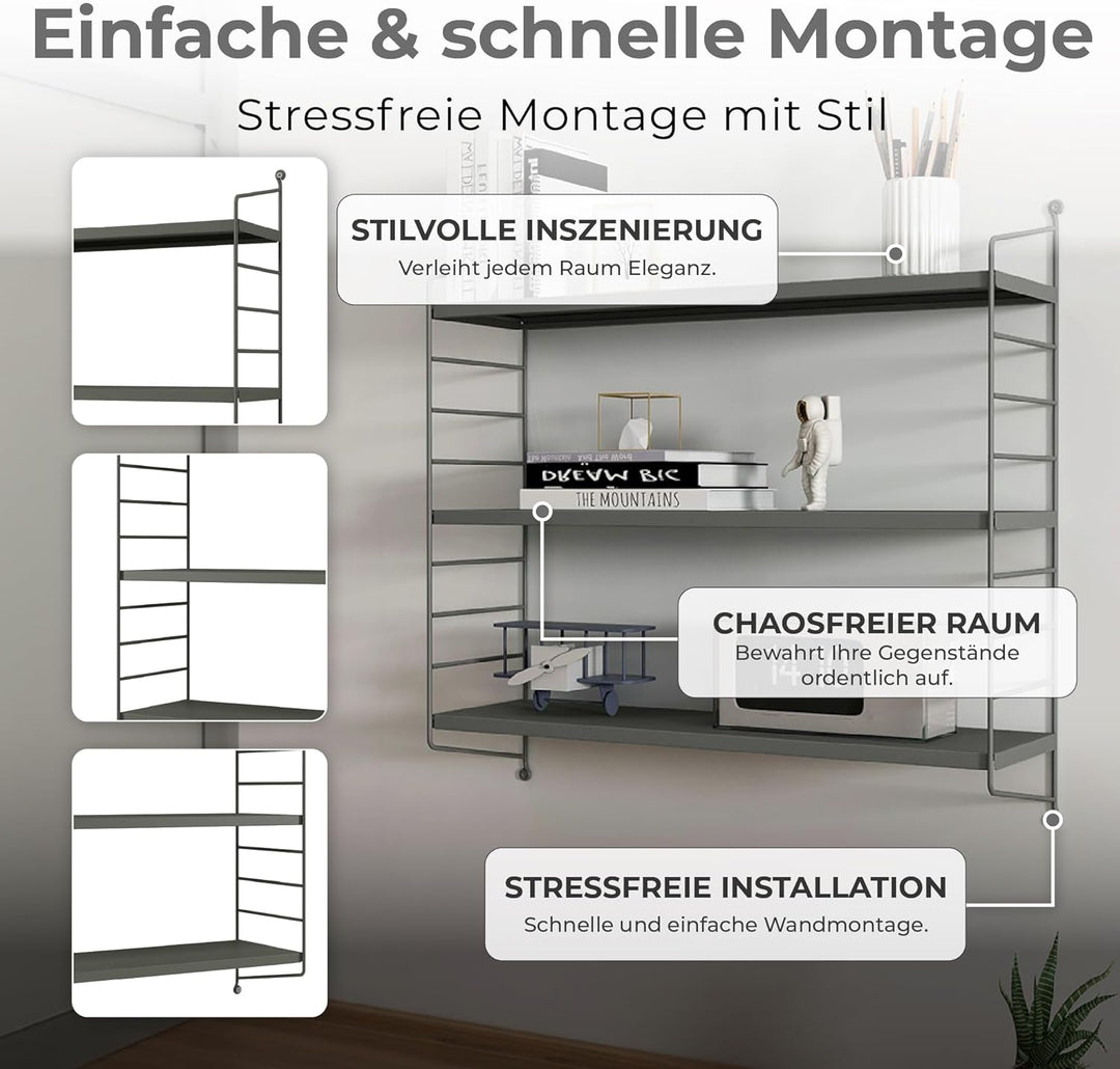 [en.casa] Modulares Wandregal Strängnäs Metallregal Anthrazit Hängeregal mit 3 Regalböden Badregal K