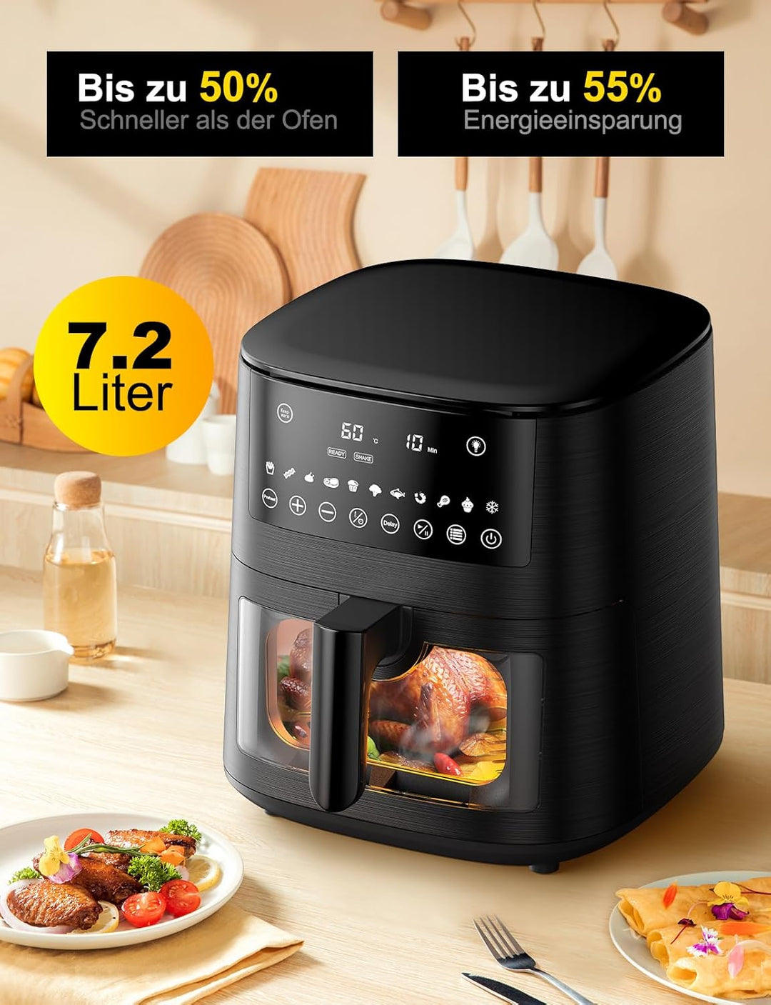 7,2L Heissluftfritteuse Airfryer mit Sichtfenster, 11-in-1 Air Fryer XXL mit Warm halten, Vorheizfun