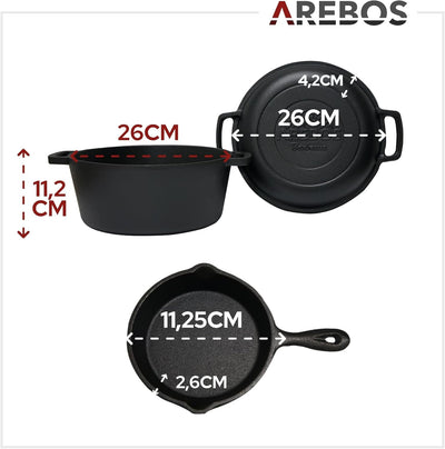Arebos Dutch Oven Set 2in1 | Gusseisen Topf 4,8 L & Pfanne 1,8 L | Eingebrannter BBQ Feuertopf & Bra