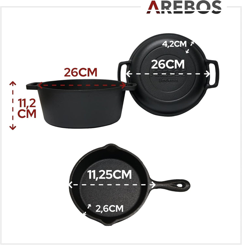 Arebos Dutch Oven Set 2in1 | Gusseisen Topf 4,8 L & Pfanne 1,8 L | Eingebrannter BBQ Feuertopf & Bra