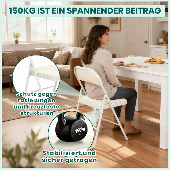 Klappstuhl 4er Set mit PU-Leder &amp; Polsterung, Stabiler Metallrahmen, Leicht &amp; Platzsparend, für Büro