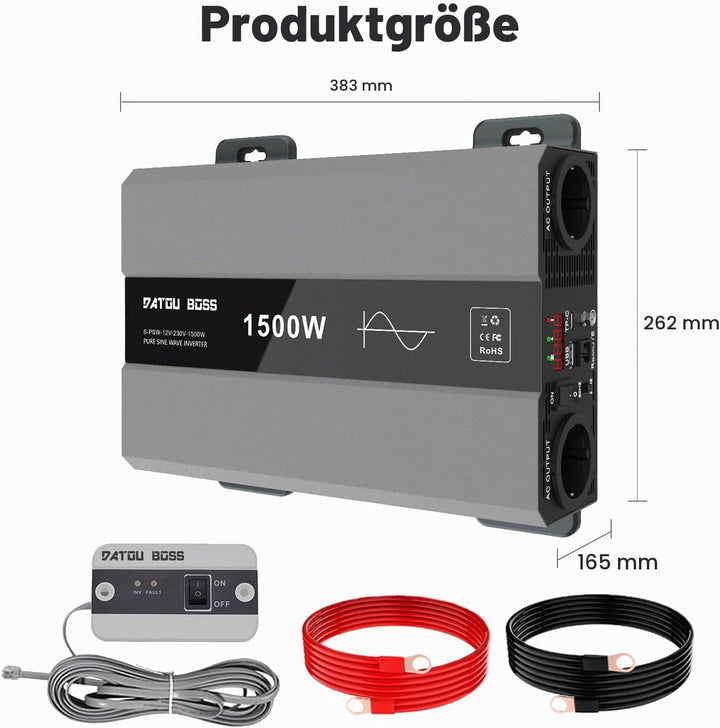 DATOUBOSS Wechselrichter 12v auf 230v Reiner Sinus 1500w/3000w, Spannungswandler 12v 230v 1500w Rein