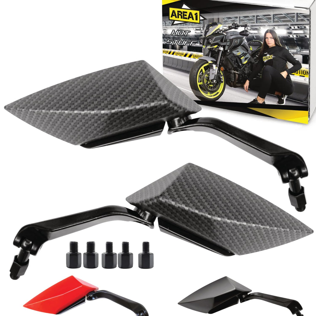 Area1 Universal Motorrad Rückspiegel Paar e-geprüft 2x M10 Rechtsgewinde + Linksgewindeadapter, pass