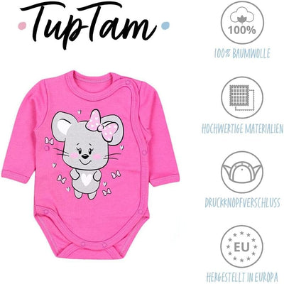 TupTam Baby Unisex Langarm Wickelbody Print/Uni 5er Pack 56 I love Mum Dad Weiss Katze Maus Rosa Bär