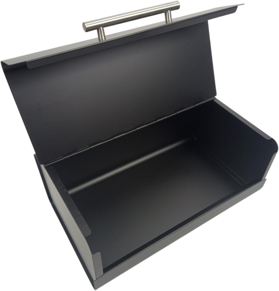 Metall-Brotkasten 36 cm, schwarzer Brotkasten mit Klappdeckel und Edelstahlgriff, kompakte Brotbox f