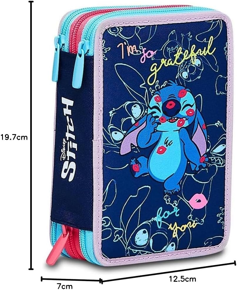 Federmäppchen mit 3 Reissverschlüssen und Stitch, blau, Taglia Unica, Schule