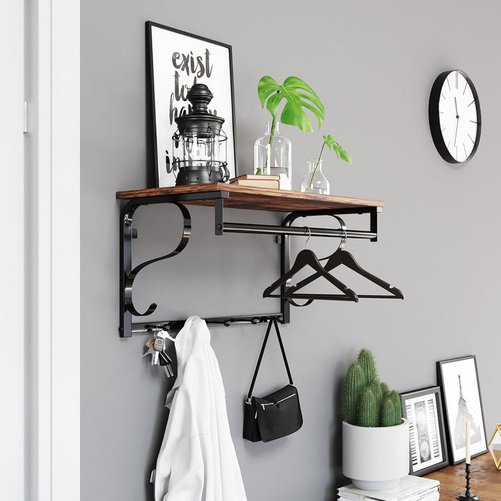 VASAGLE Wandgarderobe Industrial, mit Regal, 5 Haken, Kleiderstange, für Flur, Badezimmer, Wohnzimme