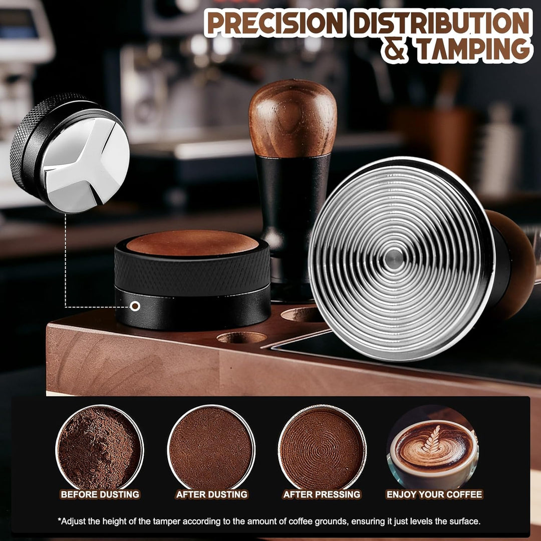 Kaffeetamper Set 58 mm aus Edelstahl – Espresso Tamper mit Holzgriff, Espressopulver-Distributor & S
