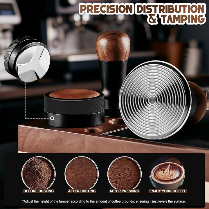 Kaffeetamper Set 58 mm aus Edelstahl – Espresso Tamper mit Holzgriff, Espressopulver-Distributor & S