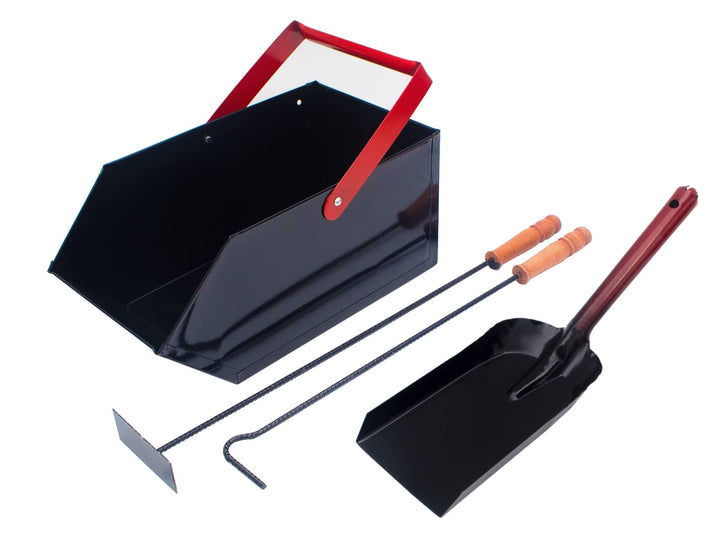 BAUSTER® Kaminbesteck Set Mit Schürhaken, Aschekratzer, Kehrschaufel und Kohlenkasten/Aschebehälter