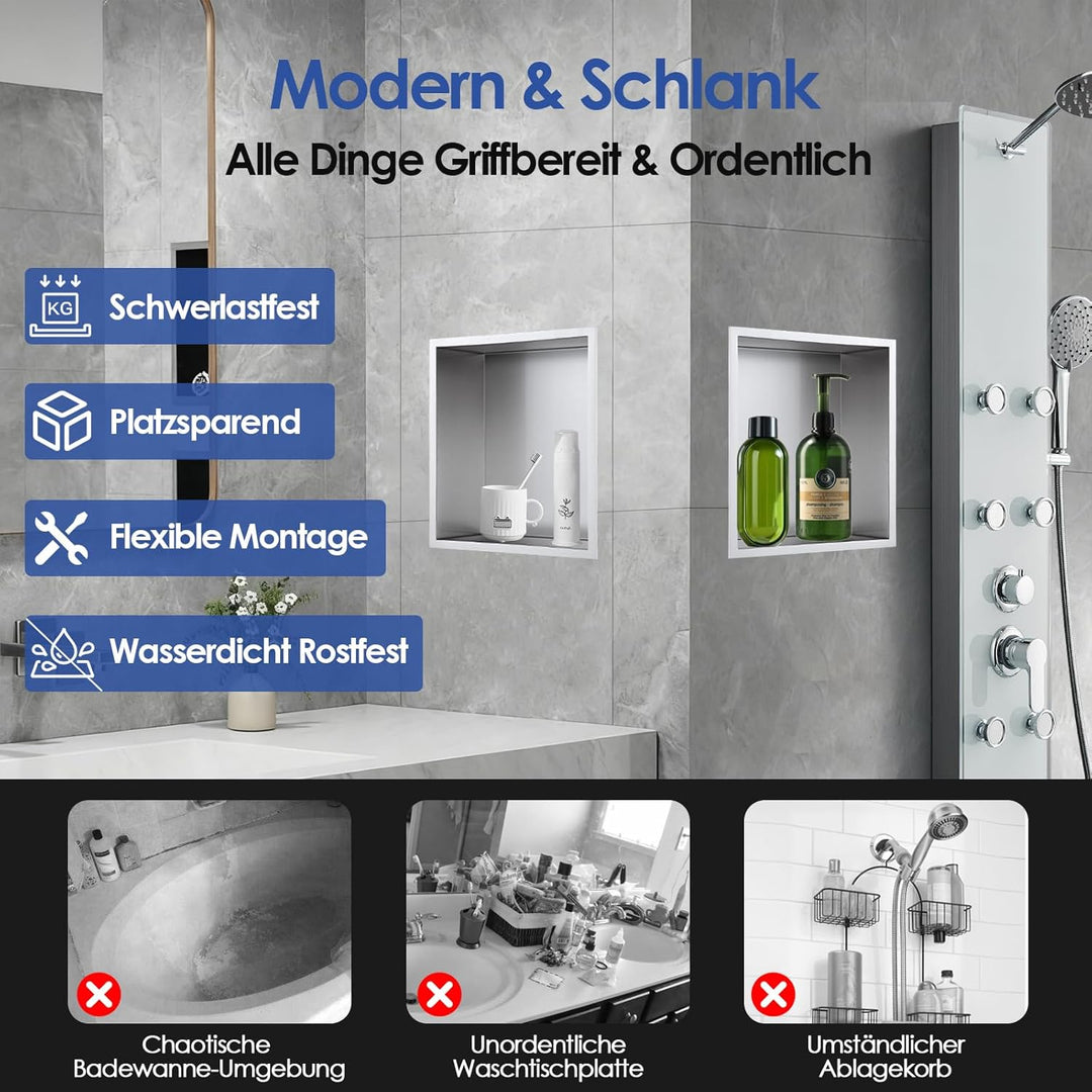 ROVOGO 30x30x10cm Wandnische Dusche Edelstahl 304, Eingebettete Duschnische Einzelregal Lagerung für