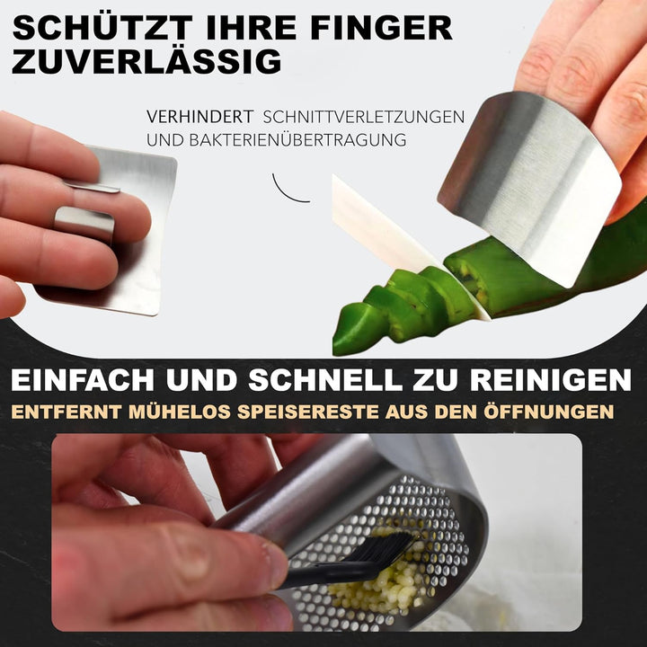 Knoblauchpresse Edelstahl 4-in-1 - Set Garlic Press & Knoblauchschneider mit Silikon-Schäler + Finge