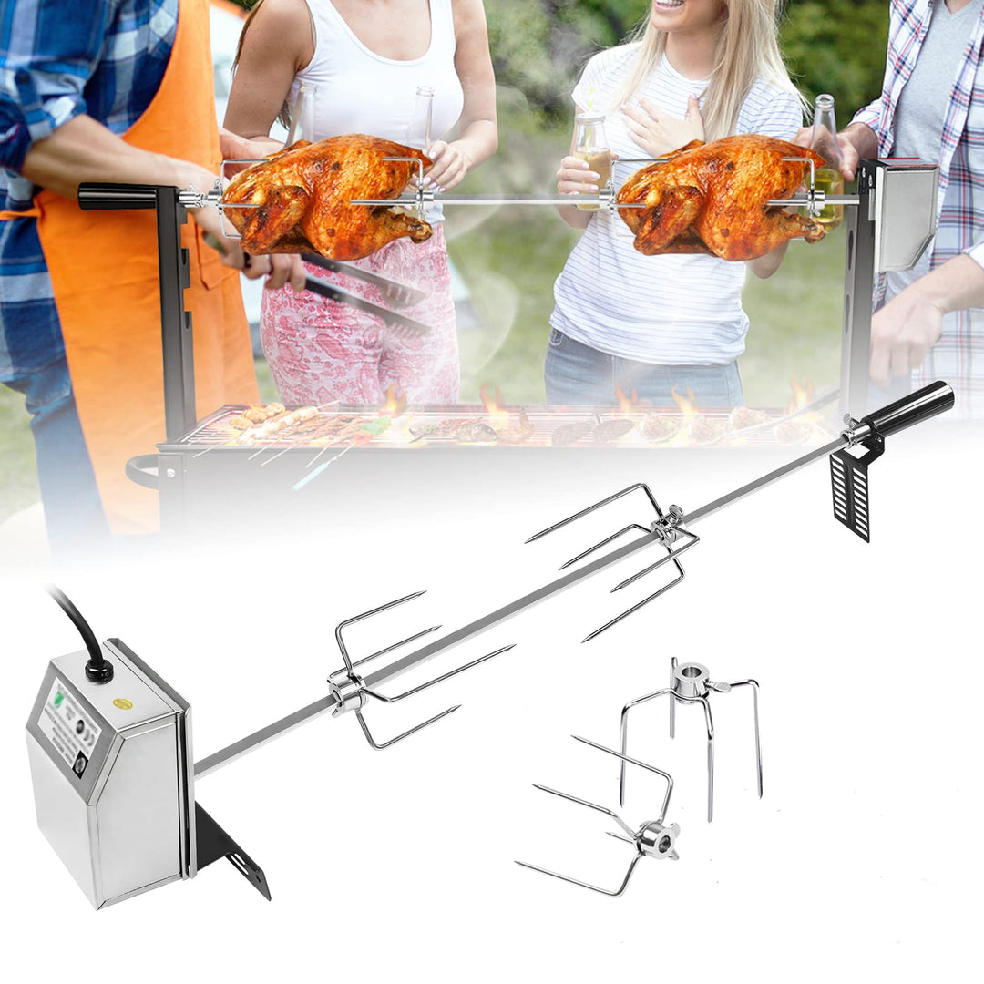 Edelstahl Grillspiess Set 107cm mit Motor inkl. Fleischnadeln Elektrischer Drehspiess, Elektrisch Gr