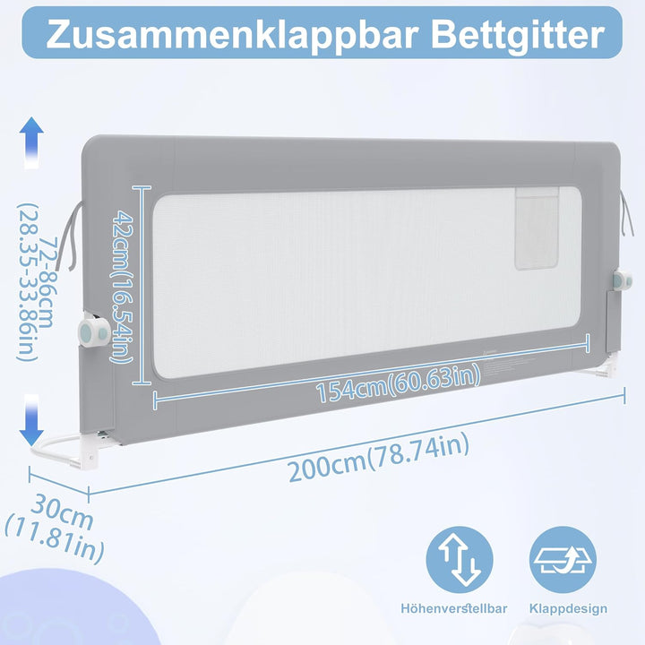200cm Bettgitter Rausfallschutz klappbar 180 Grad drehbar Bettschutzgitter für Kleinkinder luftiges