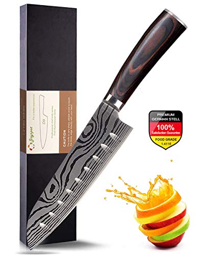 Joyspot Japanisches Santoku Messer, 7 inch Kochmesser Profi Messer Deutsche Karbon-Edelstahlmesser E