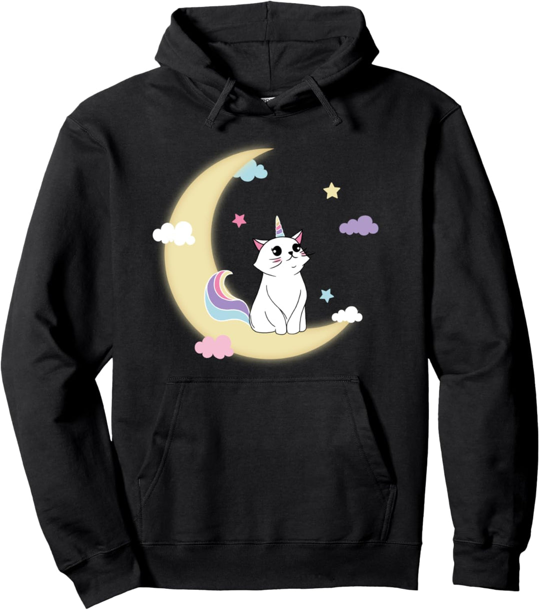 Caticorn Cloudy Moon Portrait Pullover Hoodie