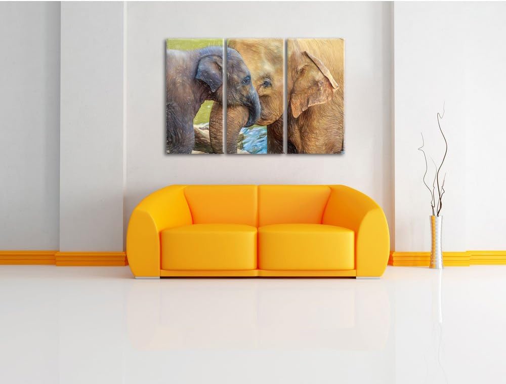 Pixxprint liebevolle Elefantenmutter mit Kalb Kunst Buntstift Effekt 3-Teiler Leinwandbild 120x80 Bi