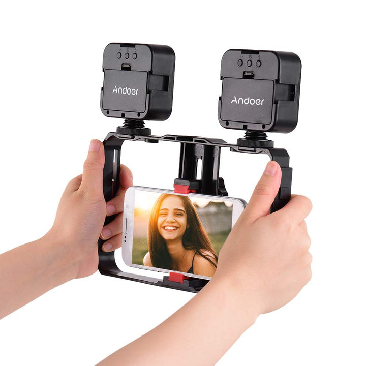 Andoer Smartphone-Video-Rig mit 2 LED-Video-Lichtern, Handy-Video-Stabilisator, Stativhalterung für