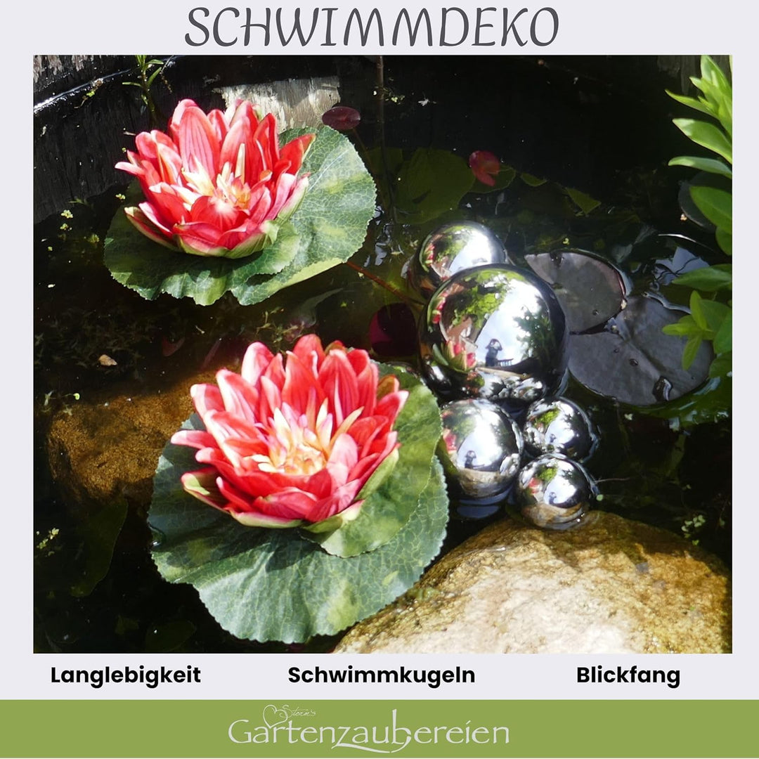 Miniteich Komplettset mit 2 künstlichen Seerosen rot Schwimmkugeln - Teichkugeln in Silber für Teich