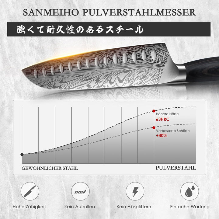 Küchenmesser aus Pulverstahl, Japanisches Kochmesser Santokumesser, 18 cm Professionelle Chefmesser