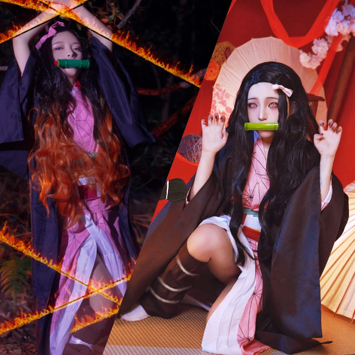 JYakeji 10 Stück Japanische Anime Demon Slayer Cosplay:Kamado Nezuko Cosplay Kostüm mit Perücke, Wei