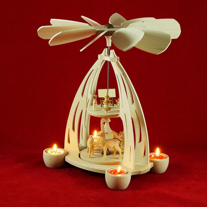 Wichtelstube-Kollektion XL Weihnachtspyramide f. Teelichter 35cm Rehe Futterkrippe Erzgebirge Buchen