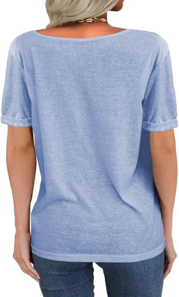 Tankaneo Damen Mode tiefer V-Ausschnitt Kurzarm Tops Solide Lässiges Lose Basic Sommer T Shirt Hellb