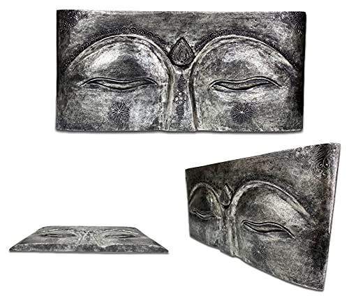 FaHome Meditatives Buddha Relief Wandbild aus Albesiaholz - Handgefertigt, 78x40x4 cm, Silber