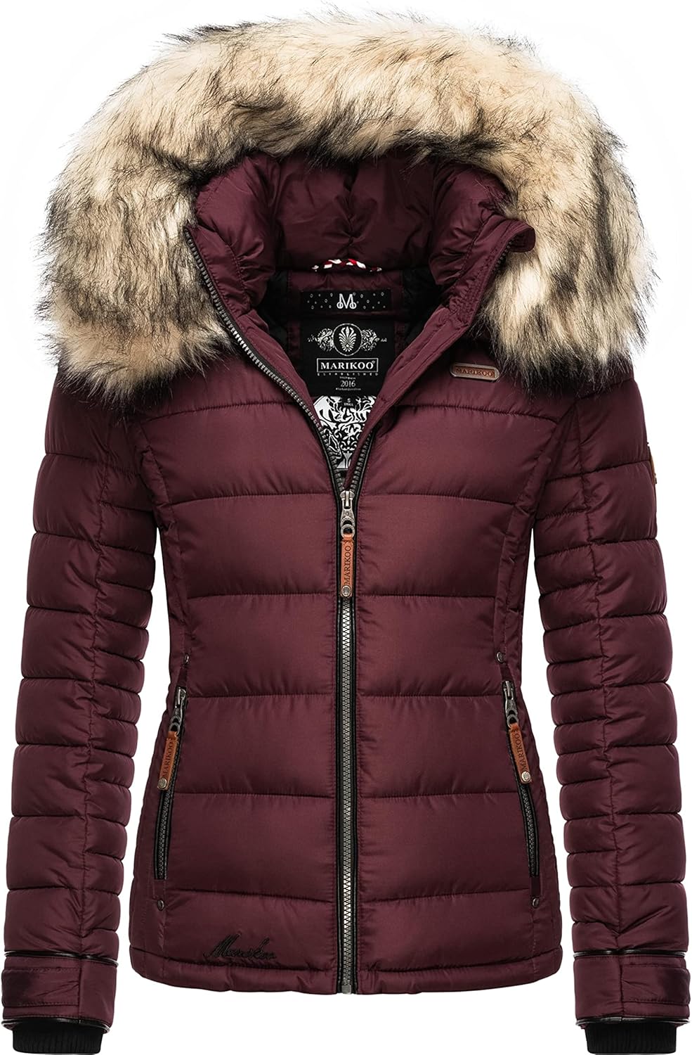 MARIKOO Damen Winterjacke Steppjacke mit abnehmbarem Kunstfell Lerikaa XS-3XL XXL Wine, XXL Wine
