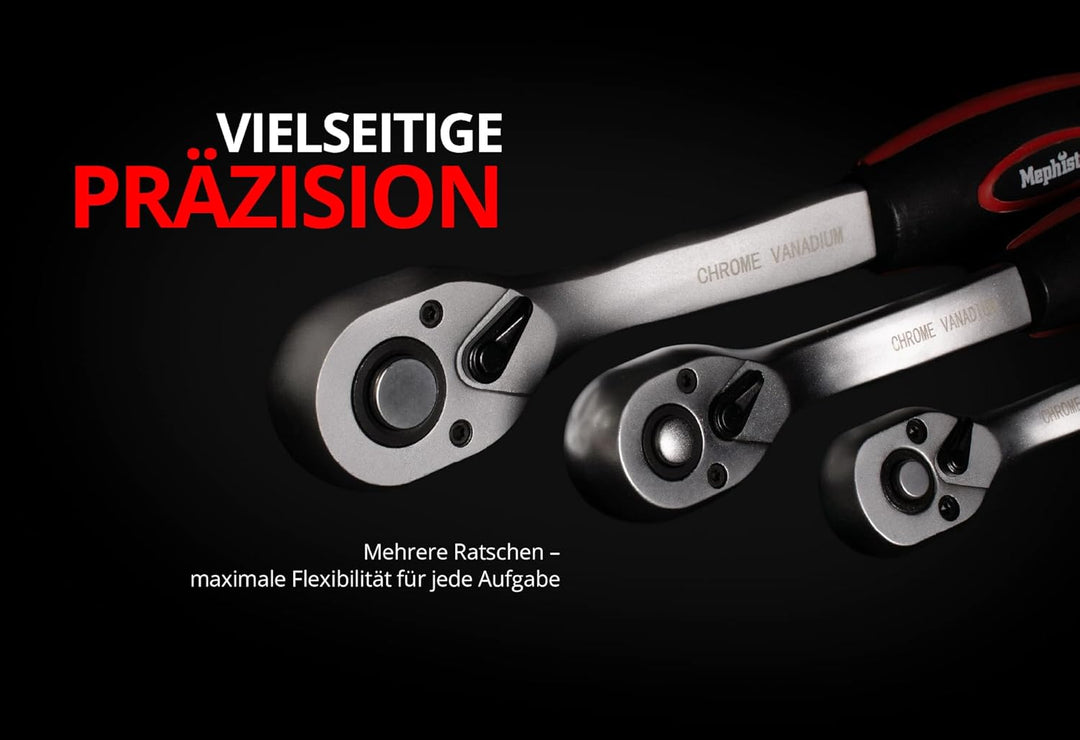 Mephisto Steckschlüssel Satz Ratschenkoffer/Umschaltknarre Premium XXL 216-teilig mit Chrom, Vanadiu