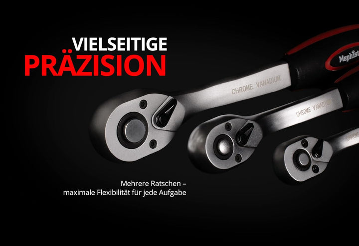Mephisto Steckschlüssel Satz Ratschenkoffer/Umschaltknarre Premium XXL 216-teilig mit Chrom, Vanadiu