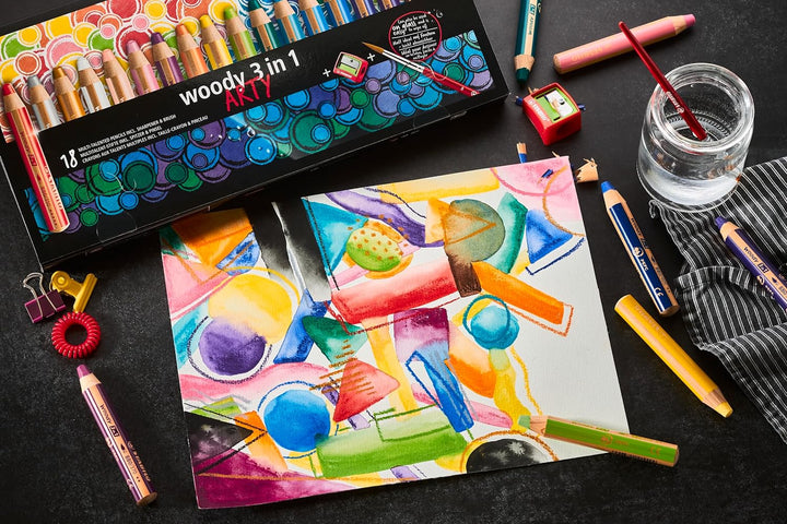 Buntstift, Wasserfarbe & Wachsmalkreide - STABILO woody 3 in 1 - ARTY - 18er Pack mit Spitzer und Pi