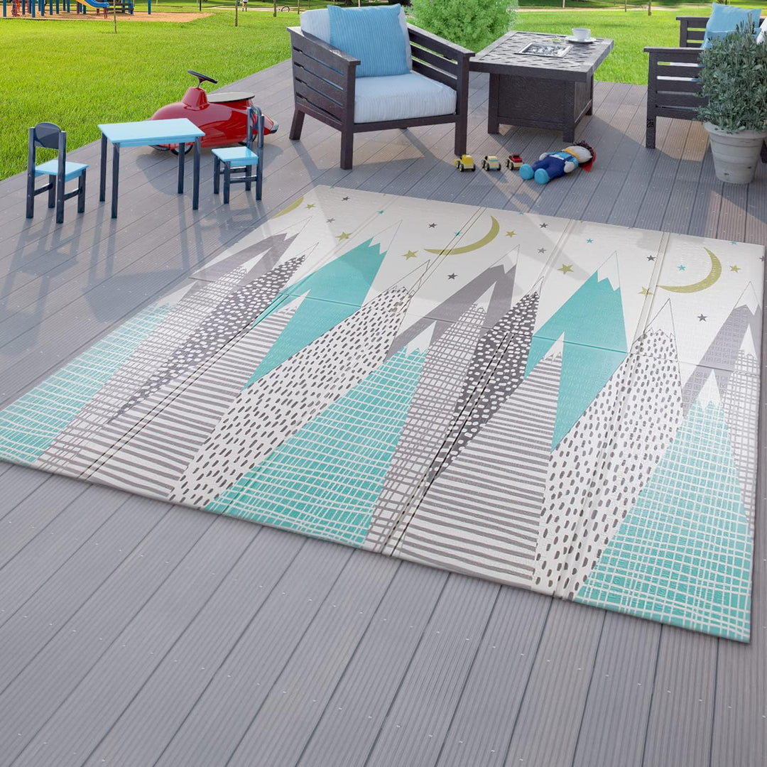 TT Home Kinder Matte Faltbar Spielmatte Krabbelmatte Berge Tier Motiv Wendbar, Farbe:Grau Petrol Cre