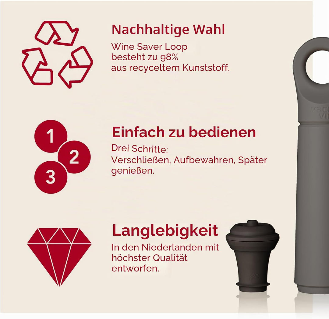 Vacu Vin Loop Weinpumpe - Entwickelt und Hergestellt in den Niederlanden - Vakuum-Weinverschluss häl