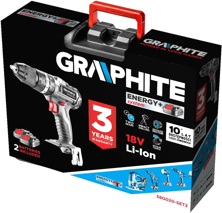 GRAPHITE Bürstenloser Bohr-/Schlagbohrschrauber Energy+ 18V, Li-Ion, 13 mm, 2 Akku 2Ah, Akku-Ladung,