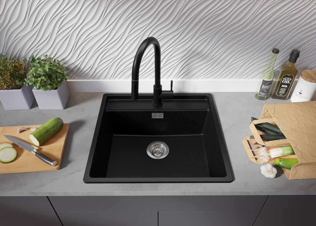 Eckspüle Schwarz 56x53cm, Granitspüle 1 Becken + Ablauf-Set + Schneidebrett, Küchenspüle ab 60er Unt