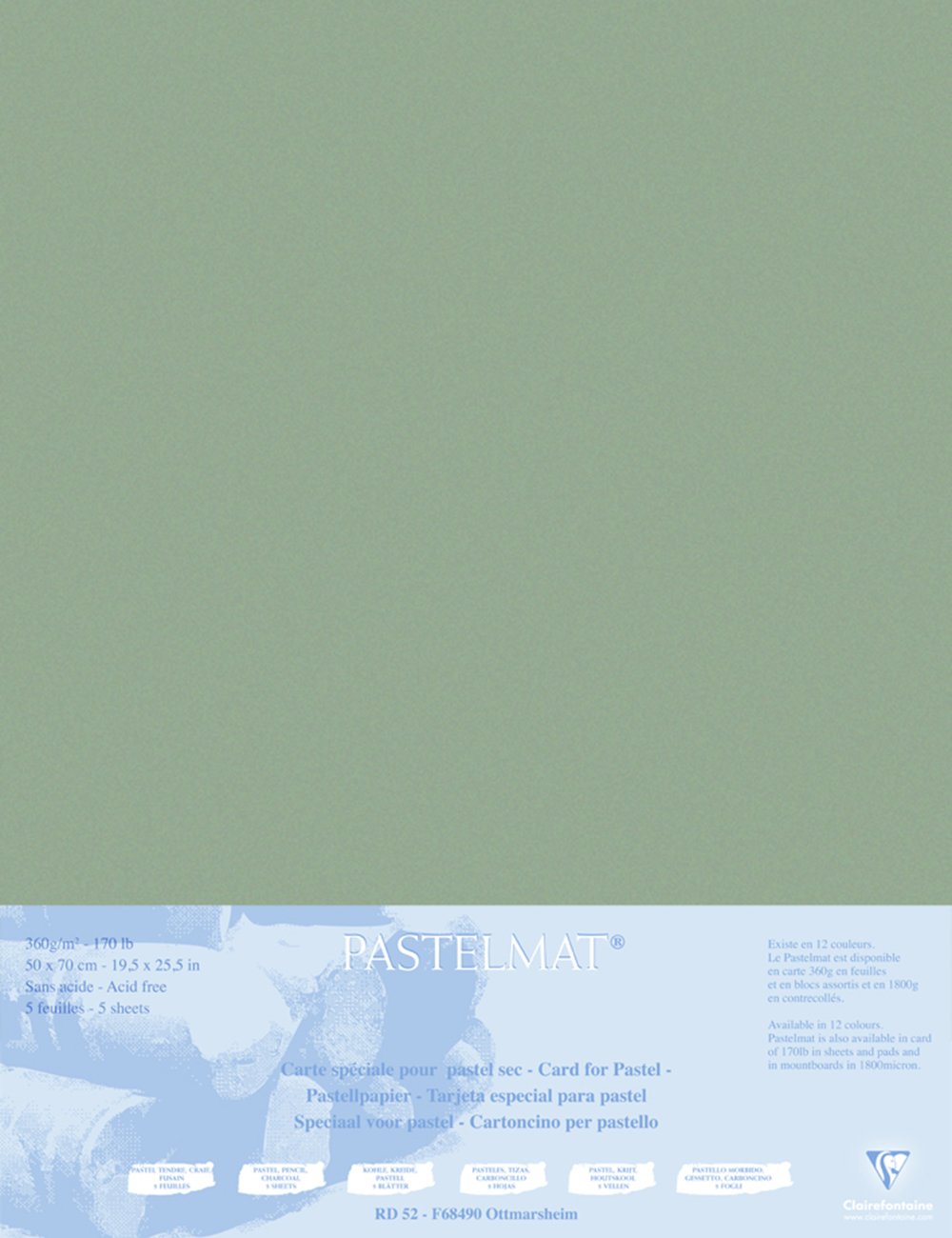 Clairefontaine 496019C Packung (mit 5 Zeichenbögen Pastelmat auf Karton kaschiert 1800 µm, 50 x 70 c