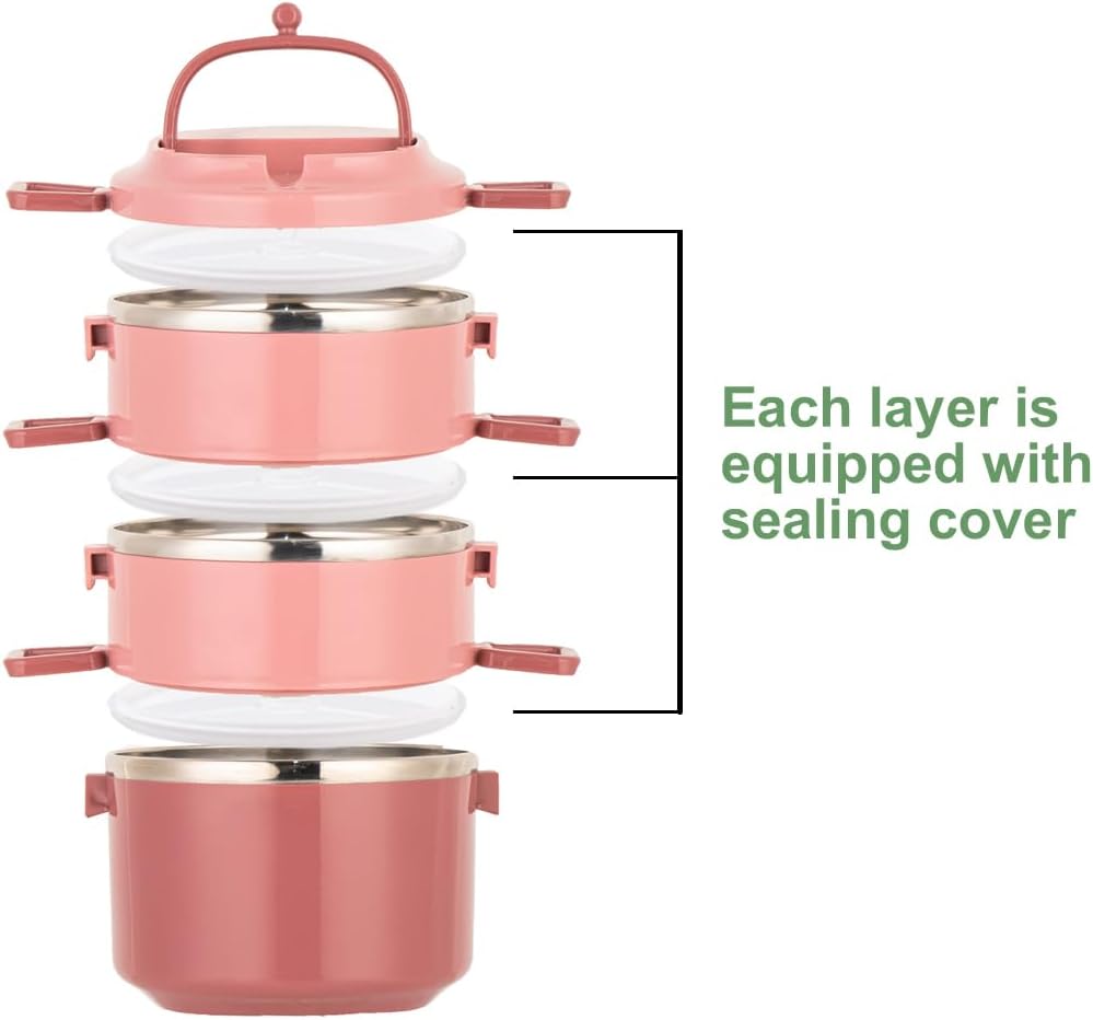 SANQIAHOME 3 Schichten Mehrschichtige stapelbare Edelstahl-Lunchbox,Auslaufsicher,rosa Rosa 3 Schich