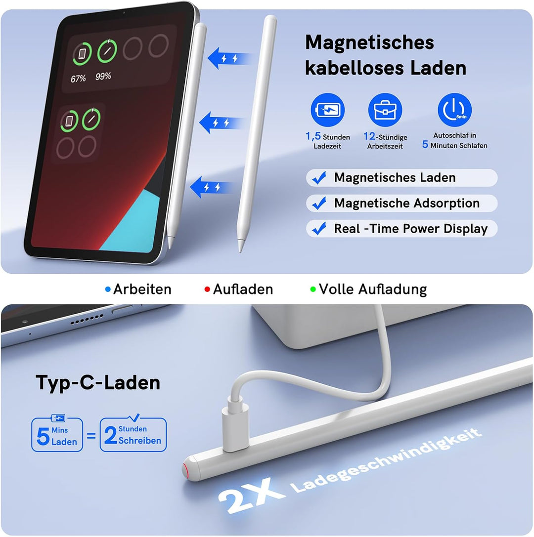 Stift für iPad mit kabelloser Aufladung, iPad Stift kompatibel mit iPad Pro (2018–2024), iPad Pro/iP