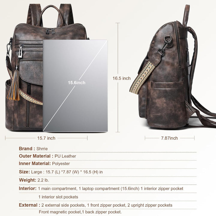 Shrrie Laptop-Rucksack für Damen, 15,6 Zoll Reise-Rucksack aus Leder, Handgepäck-Rucksack Computerta