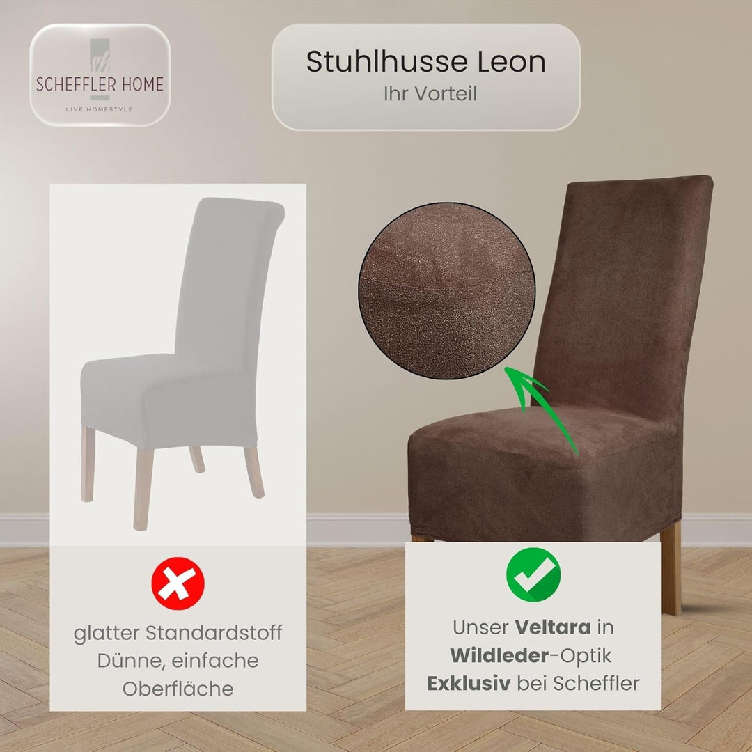 SCHEFFLER-Home Stuhlhussen 4er Set Leon Braun/elastische Wildleder Hussen für Stühle/Robustes Freisc