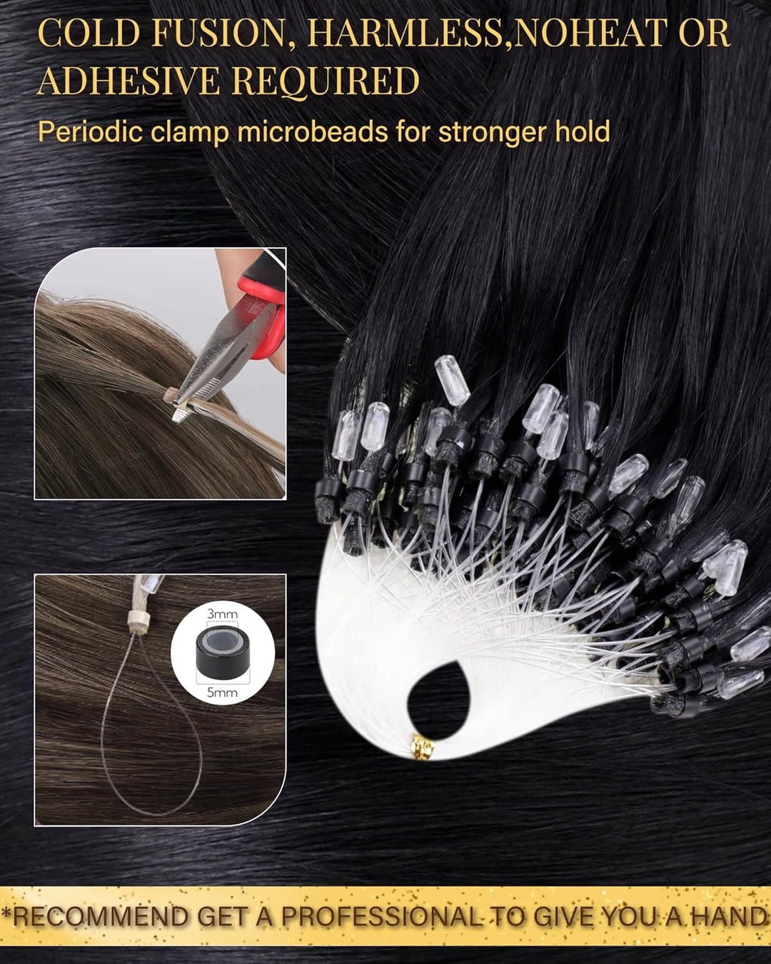 Hetto Microring Extensions Echthaar Schwarz 55CM Haarverlängerung Micro Loop Extensions Remy Extensi