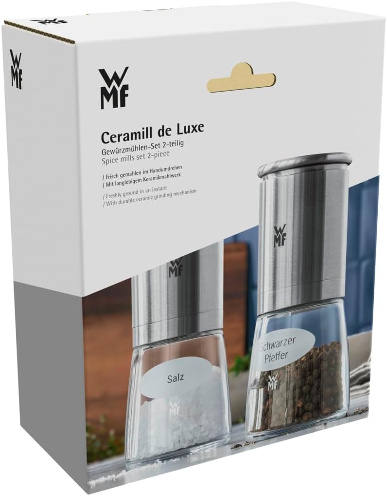 WMF De Luxe Salz und Pfeffermühle Set 2-teilig, befüllt, Cromargan Edelstahl, Glas, Keramikmahlwerk,