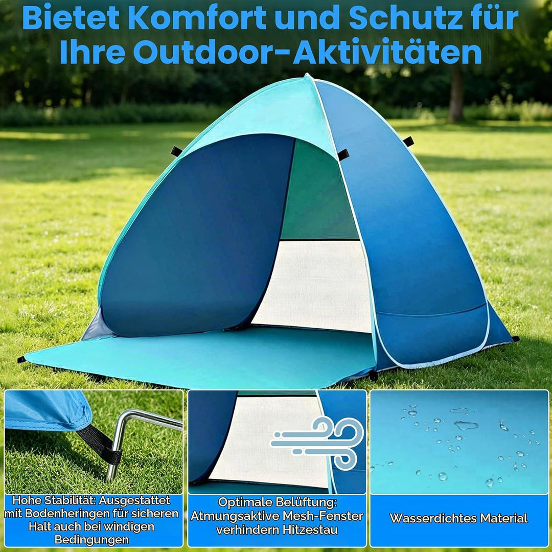 Pop Up Strandmuschel, UPF 50+, Windschutz Strand, Strandzelt für 1-3 Personen, inkl. Tragetasche und