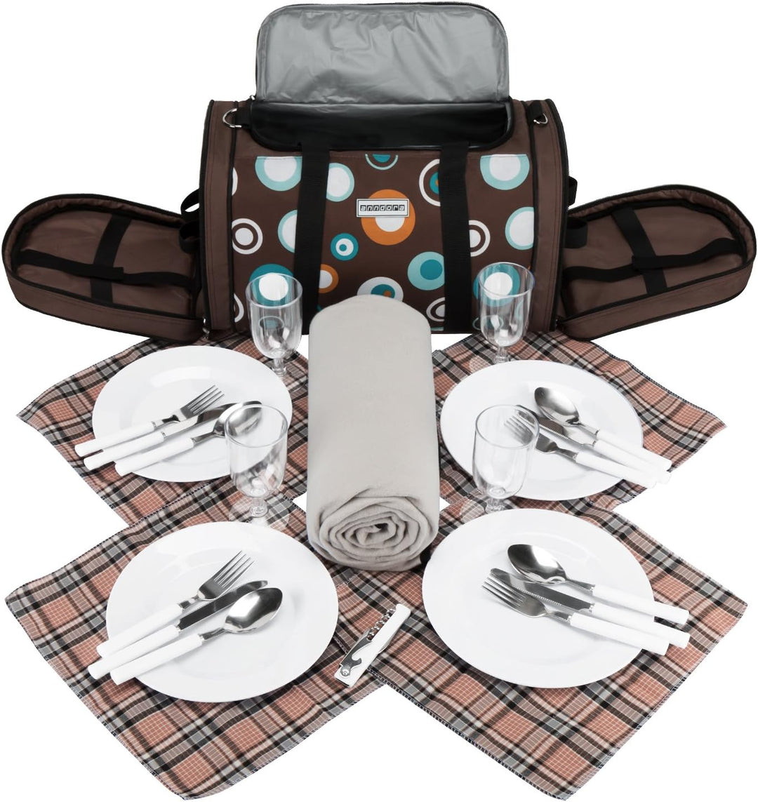 anndora Picknick Kühltasche inkl. Picknick Decke Geschirr Besteck für 4 Personen braun hellblau 3337